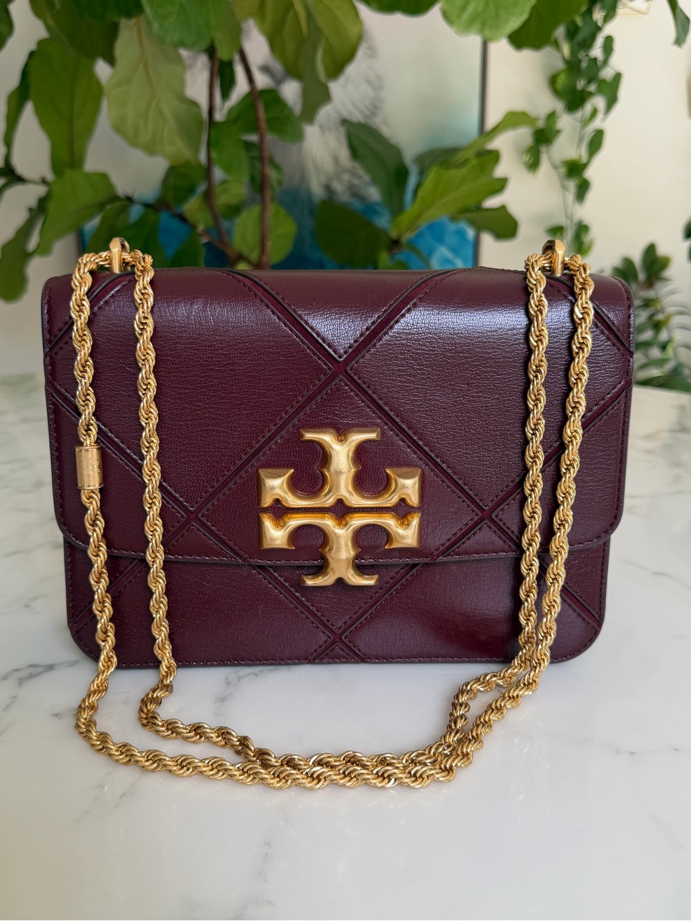 Tory Burch Eleanor Diamond Quilt Leather Convertible Shoulder Bag Burgundy Gold